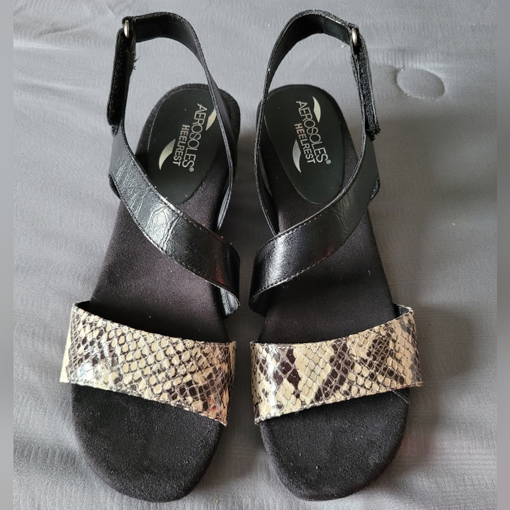 Aerosoles Strappy Low Wedge Sandals - Black/Snake Skin, Sz 8M - NIB